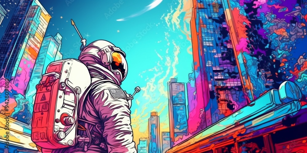 Fototapeta premium Futuristic Urban Astronaut: AI-Generated Animation of Whimsical Space Explorer in Vibrant Cityscape. Colorful Abstract Background Merging Sci-Fi and Street Art for Creative Marketing and Web Design In