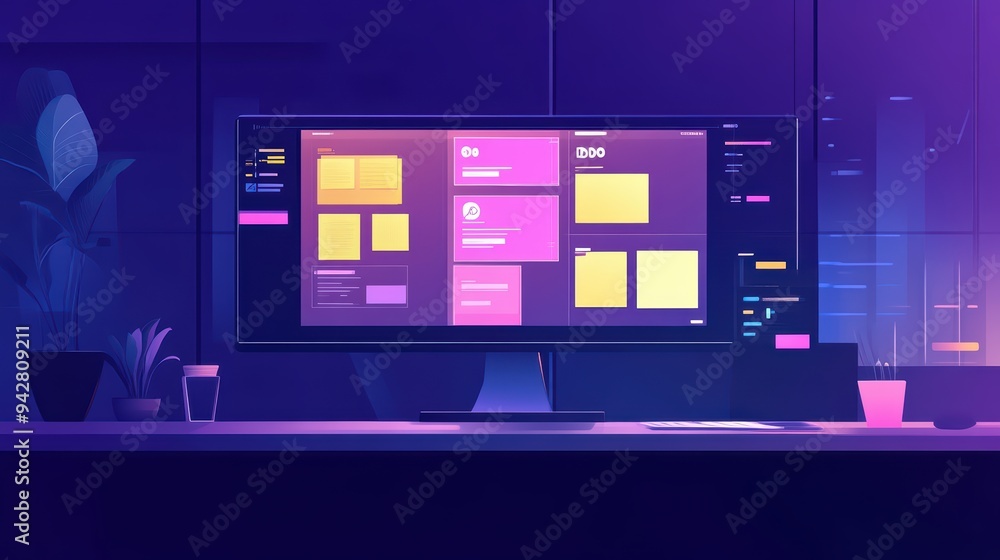 A modern workspace featuring a large monitor with colorful user interface elements and a plant, ideal for tech and design themes. A modern workspace featuring a large monitor with colorful user interface elements and a plant, ideal for tech and design themes.
