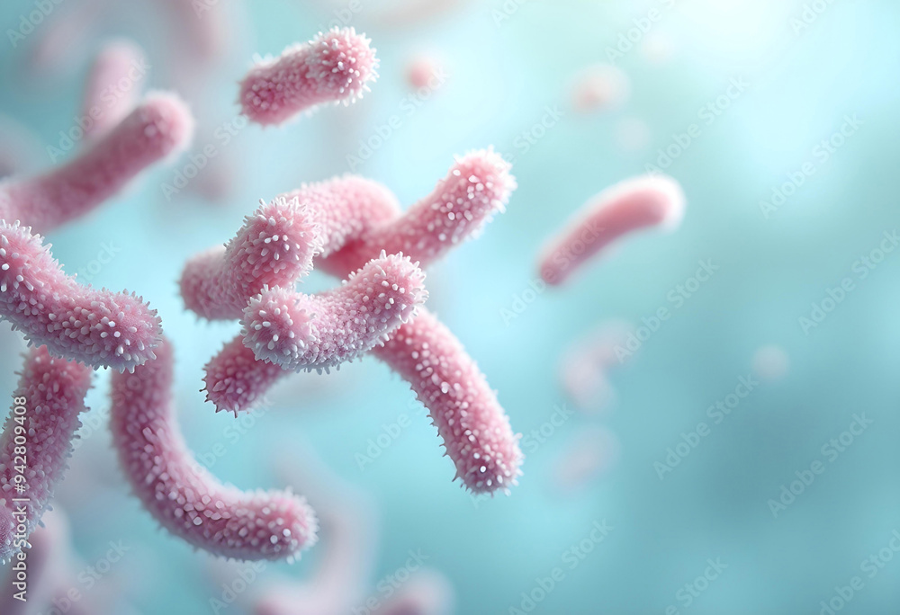Pink bacteria, on a light blue background. Concept of science, medicine. Microbiology background Pink bacteria, on a light blue background. Concept of science, medicine. Microbiology background