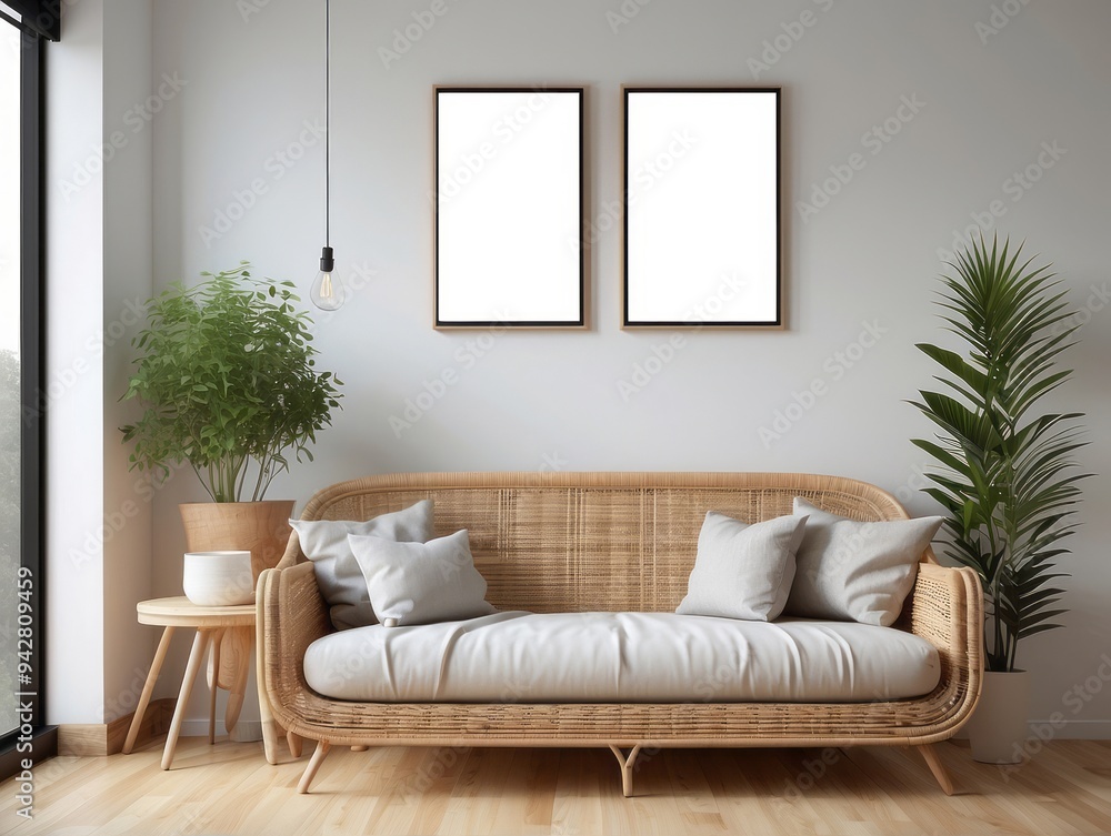 Minimalist Living Room with Rattan Sofa and Blank Frames Minimalist Living Room with Rattan Sofa and Blank Frames