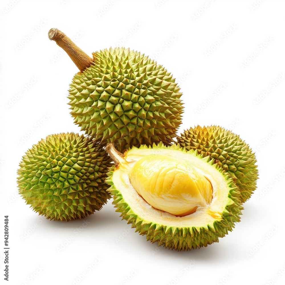 Fresh, ripe durian isolated on a white background, showcasing its spiky exterior and rich texture, easy for die cut Fresh, ripe durian isolated on a white background, showcasing its spiky exterior and rich texture, easy for die cut