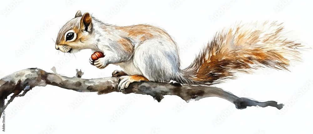 Obraz premium A playful squirrel perched on a branch, holding an acorn with its tiny paws. Beautifully detailed and lifelike illustration.