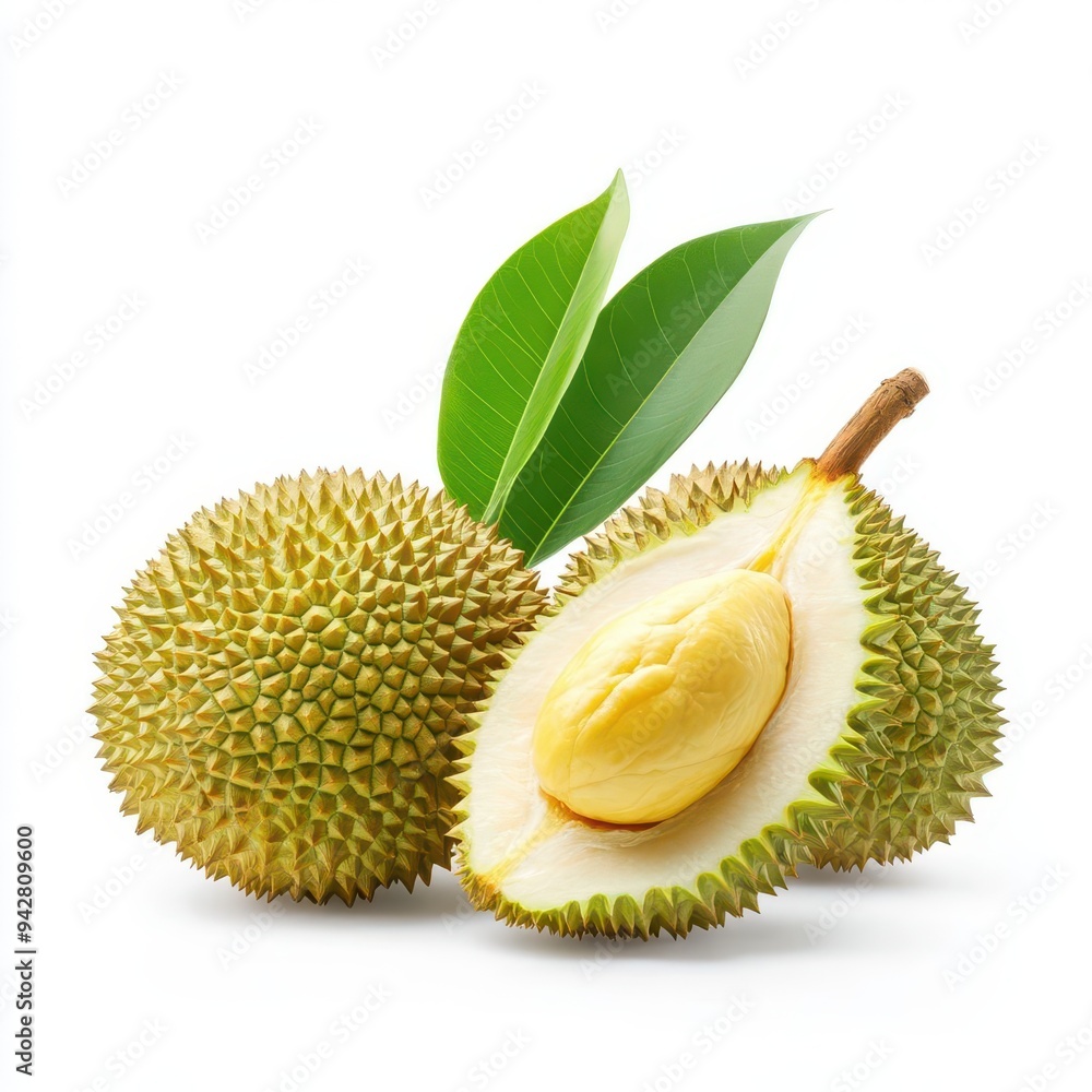 Obraz premium Whole and sliced durian fruit with green leaves isolated on white background.