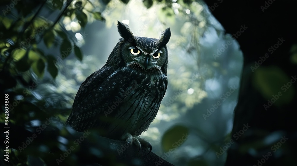 A Black Owl Perched on a Branch in a Forest A Black Owl Perched on a Branch in a Forest