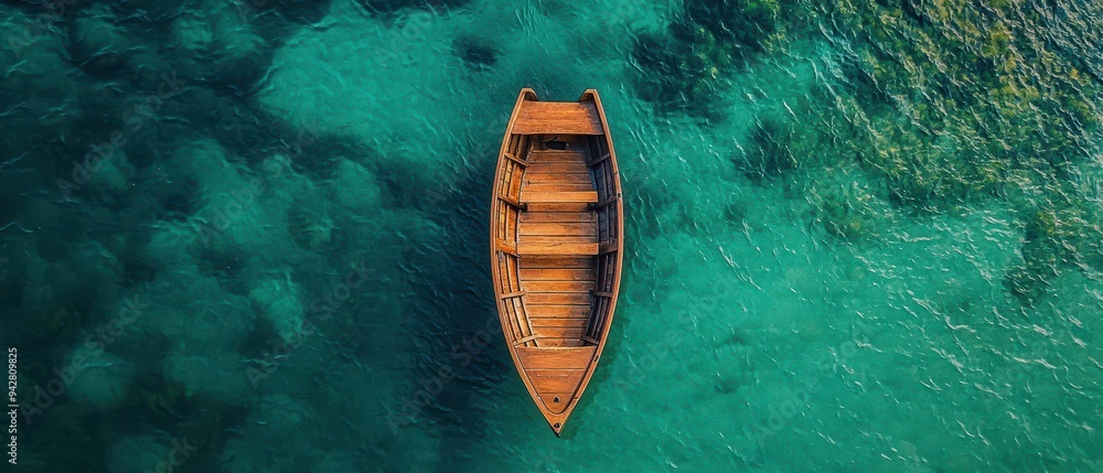 Serene Boat Adrift in Tranquil Turquoise Waters Serene Boat Adrift in Tranquil Turquoise Waters