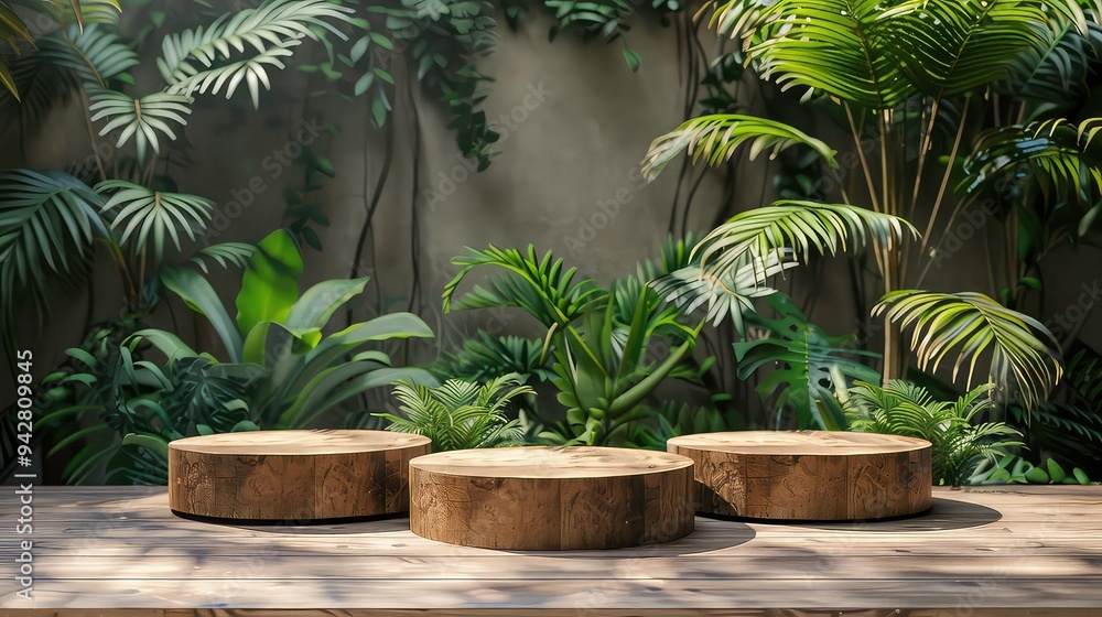 Three wooden podiums in a natural green jungle setting with sunlight shining through leaves. Three wooden podiums in a natural green jungle setting with sunlight shining through leaves.