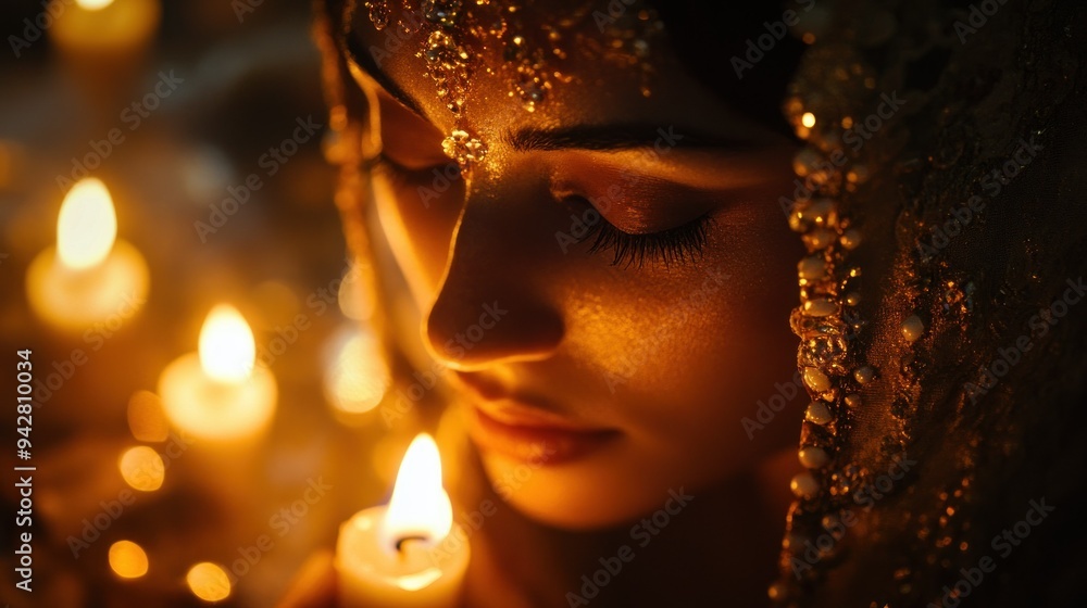 A Woman in Golden Jewelry Gazing at a Candle Flame A Woman in Golden Jewelry Gazing at a Candle Flame