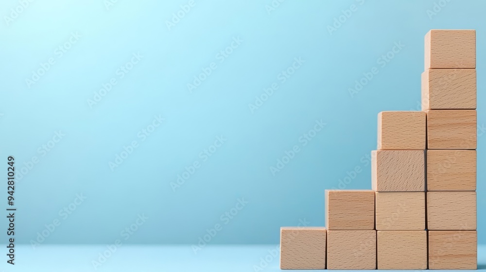 Building blocks arranged in ascending order by hand, highlighting the concept of steady business growth and achievement, with a minimal blue background Building blocks arranged in ascending order by hand, highlighting the concept of steady business growth and achievement, with a minimal blue background