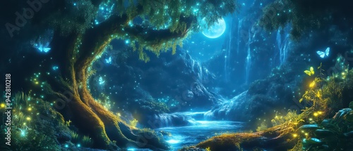 A serene fantasy scene featuring a glowing tree, sparkling water, and ethereal butterflies under a moonlit sky.