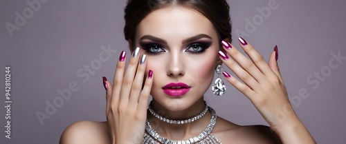 Beautiful model girl with pink and silver metallic manicure on nails . Fashion makeup smokey eyes and cosmetics . Big silver diamond Shine earrings jewelry .