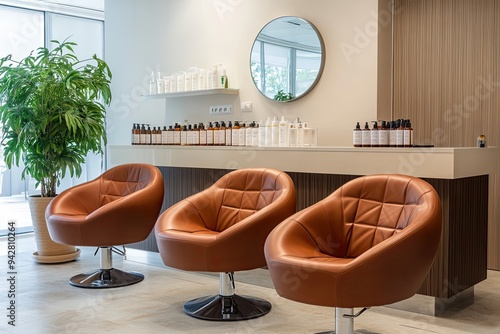 Three Brown Leather Salon Chairs with Products and a Mirror photo