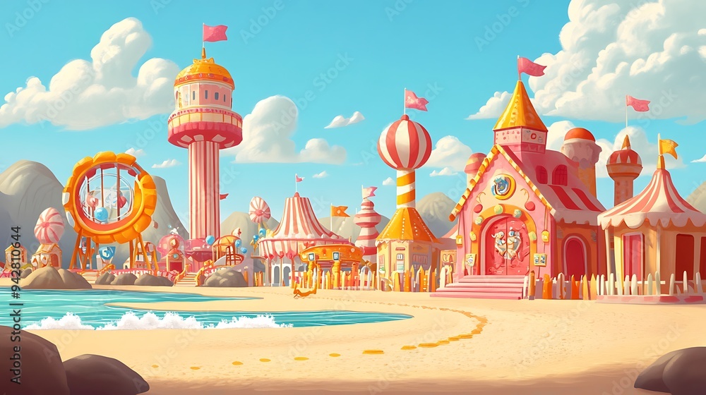 Obraz premium Fantasy Beach Town with Colorful Buildings and Ferris Wheel.