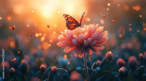 A Butterfly and Flower in the Golden Hour