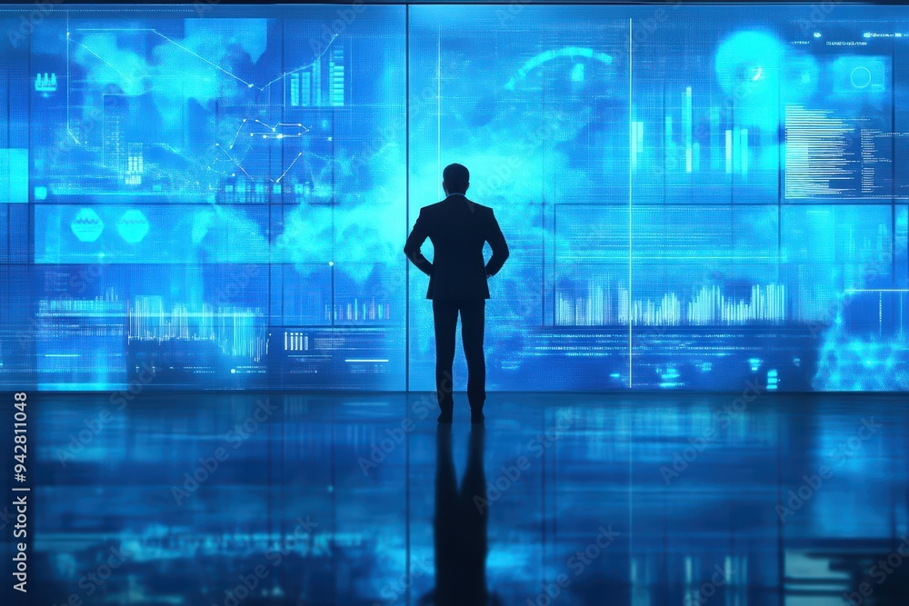 A silhouette of a businessman standing in front of digital screens displaying data and analytics in a modern office environment. A silhouette of a businessman standing in front of digital screens displaying data and analytics in a modern office environment.