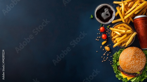 Wallpaper Mural Delicious fast food spread featuring a burger, fries, and a beverage on a dark background, perfect for food lovers. Torontodigital.ca