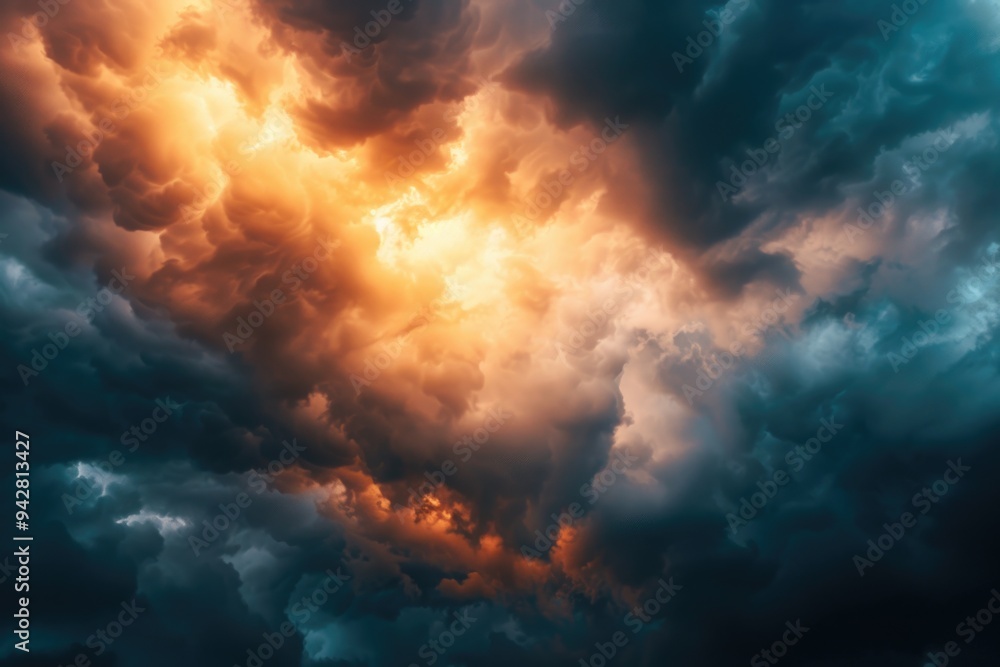 Fototapeta premium Cloudy sky with warm orange and blue hues, suitable for travel or nature-themed projects