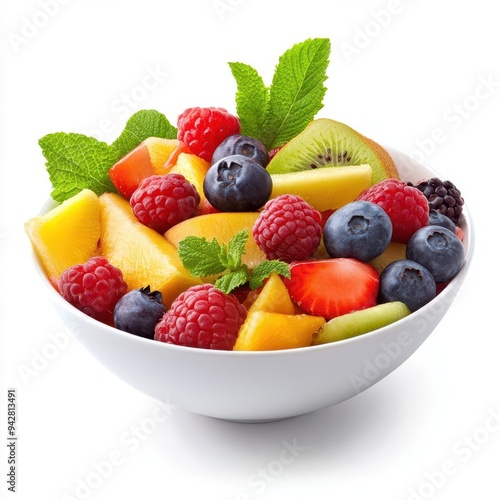 A bowl of healthy fresh fruit salad on a white background photo