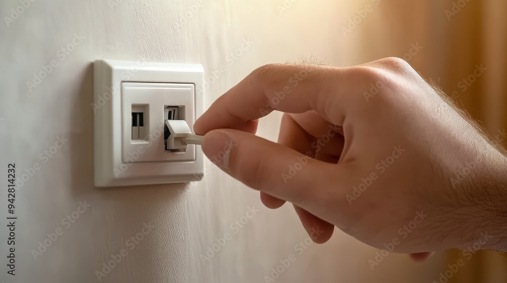Close-up of hand turning on light switch in home interior, energy conservation concept Close-up of hand turning on light switch in home interior, energy conservation concept