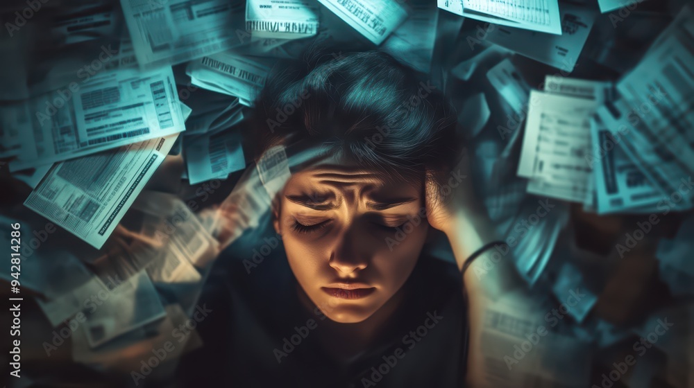 A worried individual surrounded by financial documents, depicting stress and anxiety over financial burdens. A worried individual surrounded by financial documents, depicting stress and anxiety over financial burdens.