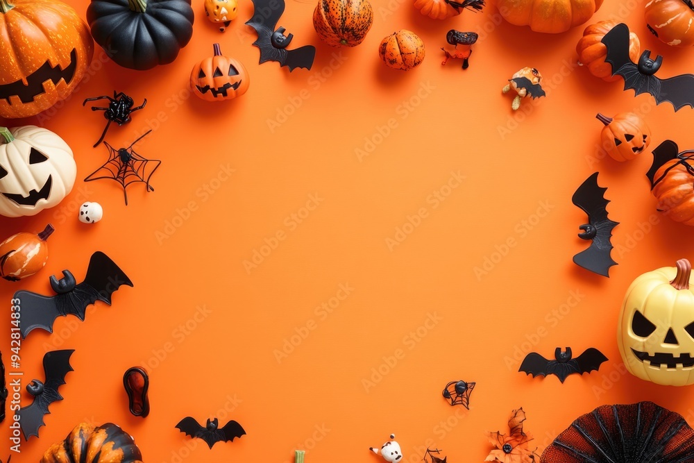 Halloween-themed flat lay on a vibrant orange background with decorations arranged around an empty space for text, ideal for custom greeting card designs Halloween-themed flat lay on a vibrant orange background with decorations arranged around an empty space for text, ideal for custom greeting card designs