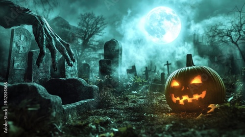 Haunting Halloween scene with a zombie hand reaching out from a grave, a glowing pumpkin nearby, and the full moon casting a ghostly glow on the misty graveyard