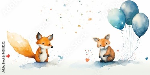 Whimsical Watercolor Fantasy: AI-Generated Fox and Rabbit with Balloons. Enchanting Abstract Art for Creative Marketing, Children's Decor, and Playful Advertising Campaigns. Minimalist Design with Ele
