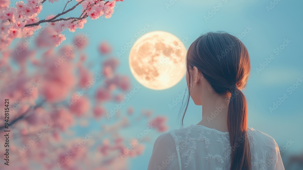 Naklejka premium Asian young woman with sakura flowers tree branch and Super moon,pink flower cherry blossom on blue sky,sakura flower in night,apricot flowers,Almond blossom,big fantastic Moon,Romantic night scene.