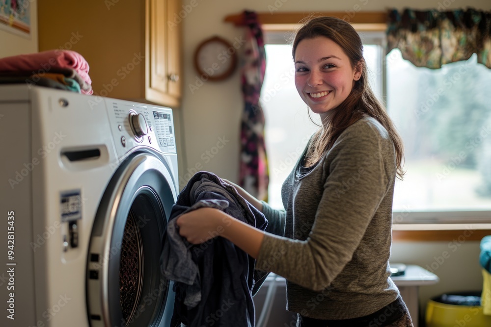 A young woman in a cozy laundry room, placing clothes into a dryer with a content smile, enjoying the efficiency of her laundry routine A young woman in a cozy laundry room, placing clothes into a dryer with a content smile, enjoying the efficiency of her laundry routine