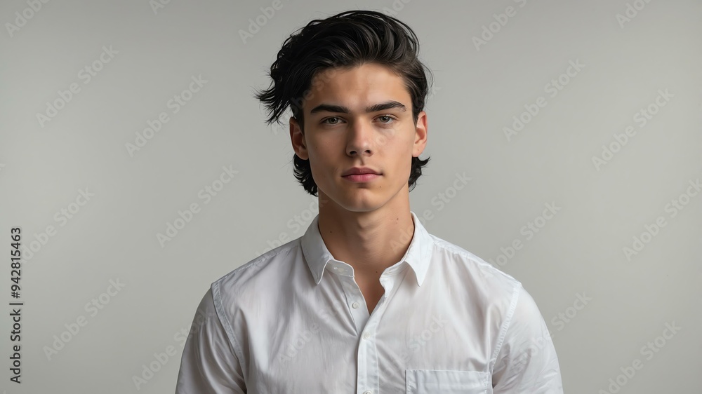 Obraz premium teen stunning black hair white man with white shirt model portrait standing straight on a white wall for ad concept space for text