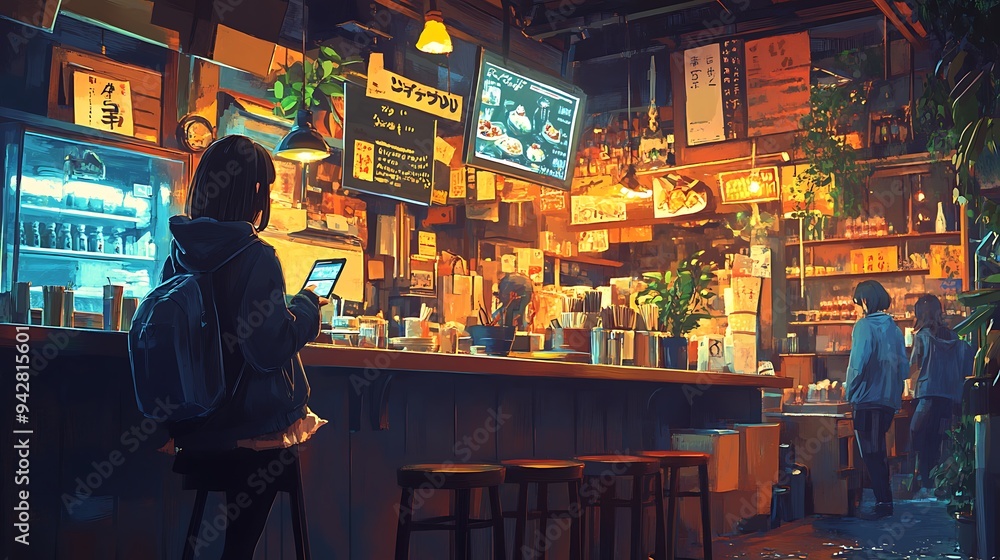 Anime Girl Using Tablet at a Japanese Restaurant Counter. Anime Girl Using Tablet at a Japanese Restaurant Counter.