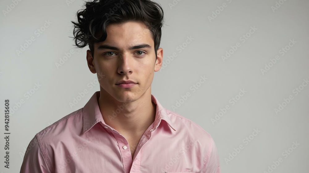 Obraz premium teen stunning black hair white man with pink shirt model portrait standing straight on a white wall for ad concept space for text