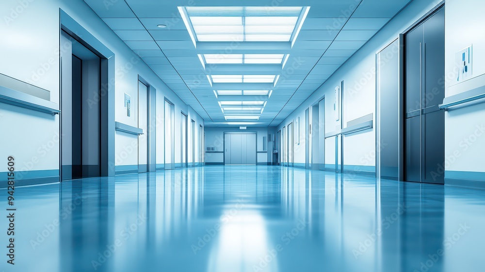 Bright and clean hospital corridor showcasing modern architecture and shiny floors, creating a sterile and welcoming atmosphere. Bright and clean hospital corridor showcasing modern architecture and shiny floors, creating a sterile and welcoming atmosphere.