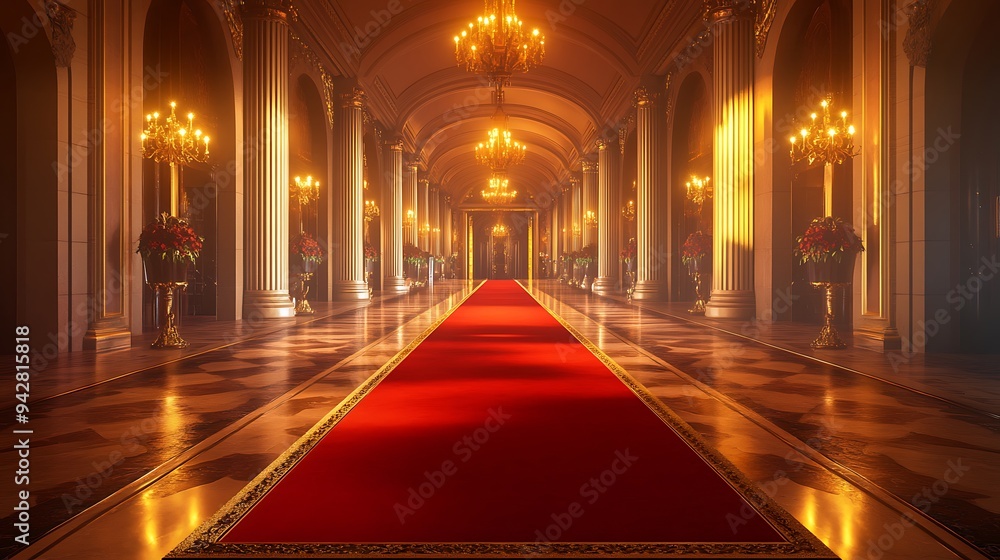 Majestic Red Carpet in a Lavishly Decorated Hall with Warm Golden Lighting, Perfect for a Glamorous Gala Evening Majestic Red Carpet in a Lavishly Decorated Hall with Warm Golden Lighting, Perfect for a Glamorous Gala Evening