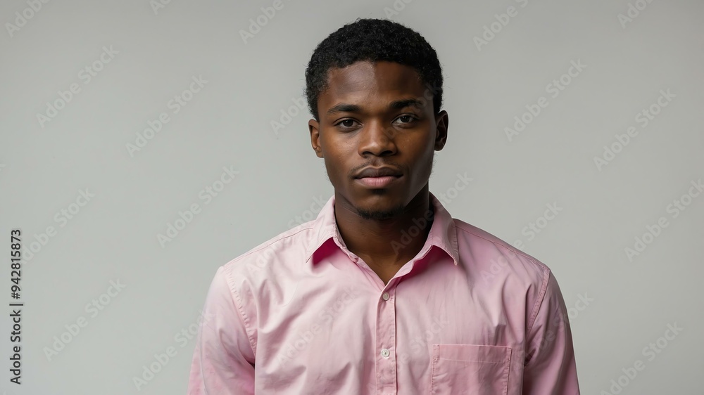 Obraz premium teen stunning black hair subsaharan african man with generic shirt model portrait standing straight on a white wall for ad concept space for text