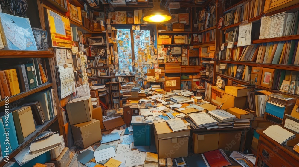custom made wallpaper toronto digitalChaotic storage room with papers flying, cinematic destruction scene, photorealistic