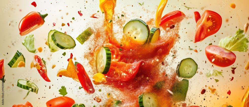 Colorful explosion of fresh vegetables and herbs, showcasing vibrant tomatoes, cucumbers, and peppers in a dynamic splash. Colorful explosion of fresh vegetables and herbs, showcasing vibrant tomatoes, cucumbers, and peppers in a dynamic splash.