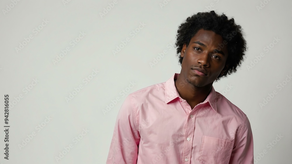 Fototapeta premium teen stunning black hair subsaharan african man with generic shirt model portrait standing straight on a white wall for ad concept space for text