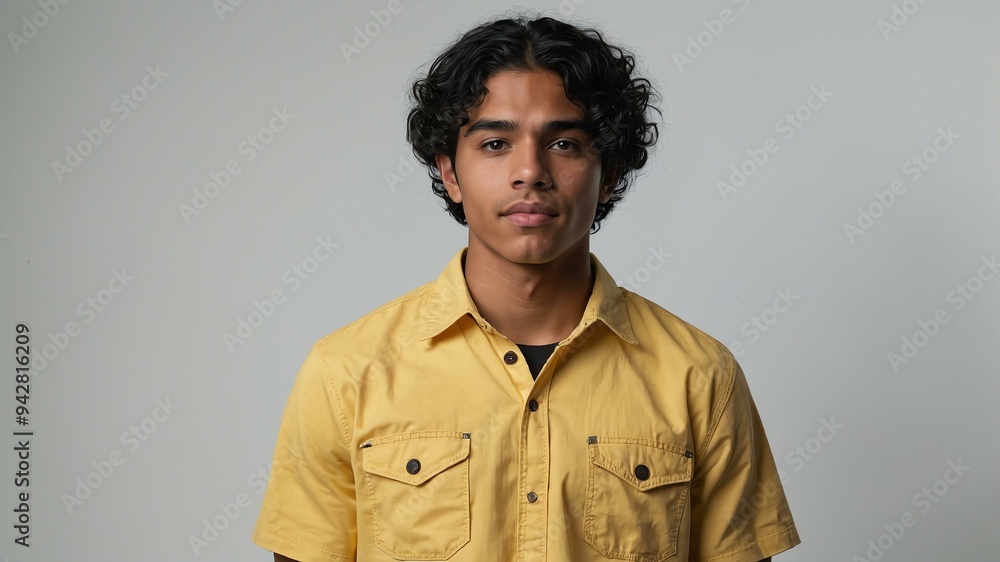 Obraz premium teen stunning black hair hispanic man with yellow shirt model portrait standing straight on a white wall for ad concept space for text