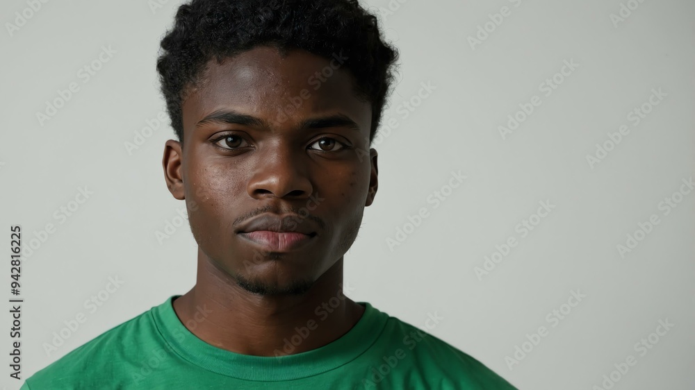 Obraz premium teen stunning black hair subsaharan african man with generic shirt model portrait standing straight on a white wall for ad concept space for text