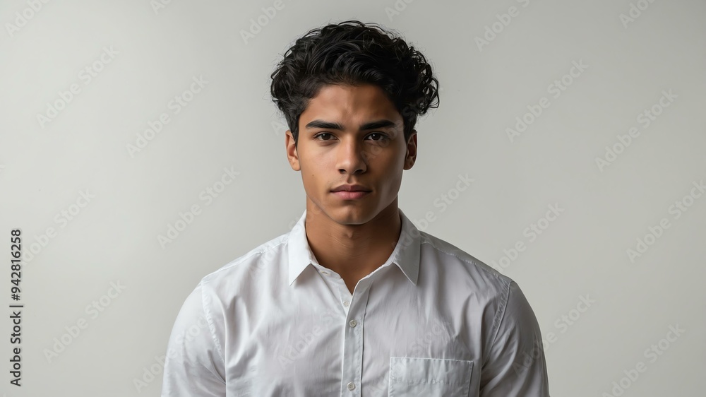 Obraz premium teen stunning black hair hispanic man with white shirt model portrait standing straight on a white wall for ad concept space for text