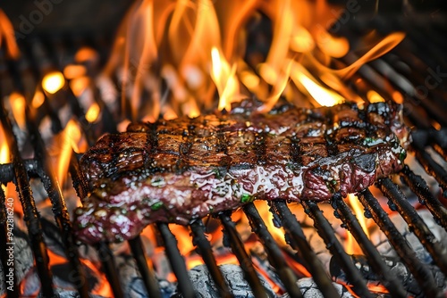 Thick beef steak grilling over hot coals, intense flames