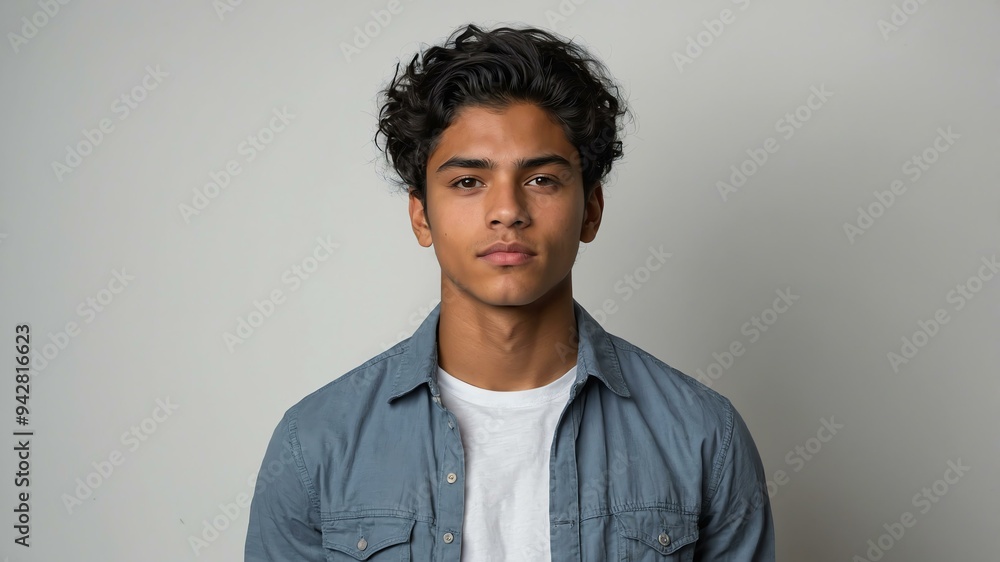 Obraz premium teen stunning black hair hispanic man with gray shirt model portrait standing straight on a white wall for ad concept space for text