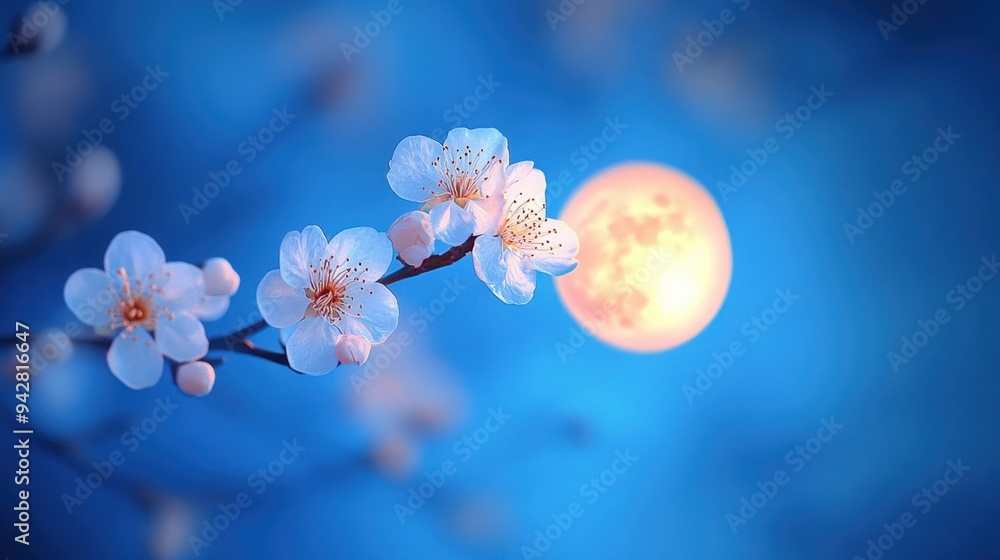 Super moon with apricot flowers on blue sky background,sakura flowers tree branch,pink flower cherry blossom,Full moon,Almond blossom,big fantastic Moon,Romantic night scene,spring in korea or japan. Super moon with apricot flowers on blue sky background,sakura flowers tree branch,pink flower cherry blossom,Full moon,Almond blossom,big fantastic Moon,Romantic night scene,spring in korea or japan.