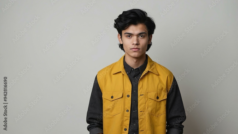 Obraz premium teen stunning black hair finnougric man with yellow shirt model portrait standing straight on a white wall for ad concept space for text