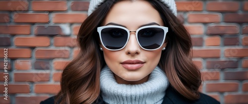 ashionable young woman in modern sunglasses over brick wall backgroud photo