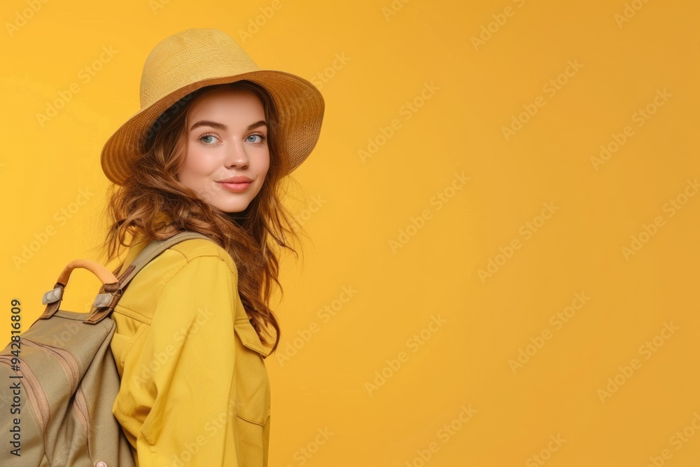 Stylish woman with travel bag, vacation concept, solid color background Stylish woman with travel bag, vacation concept, solid color background