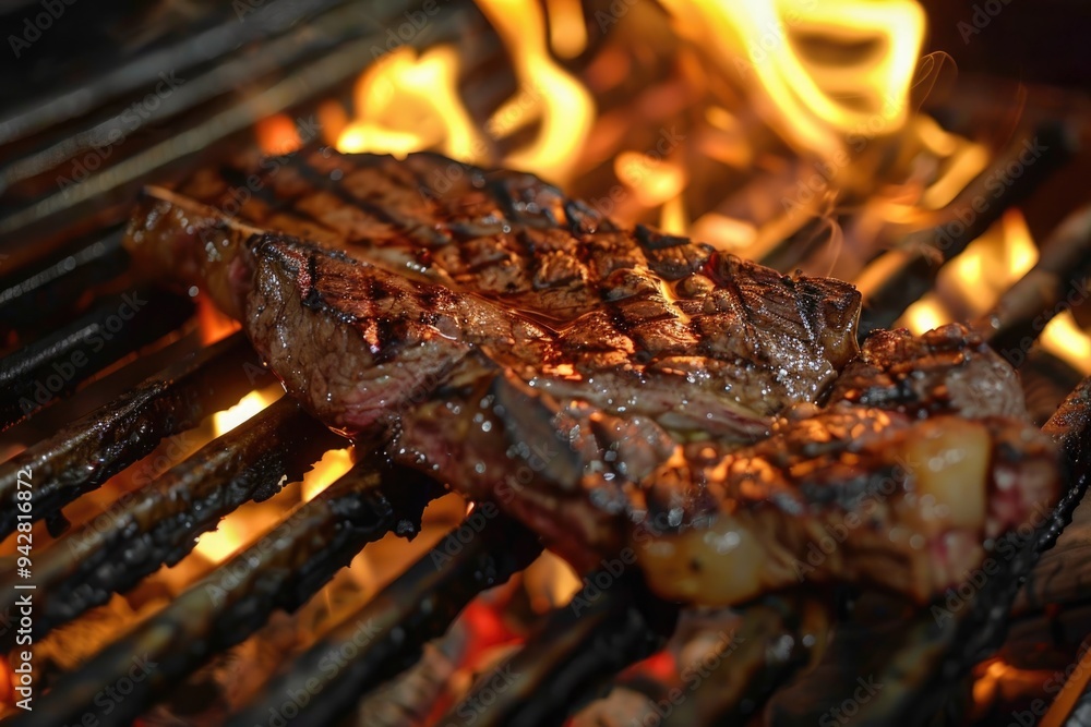Grilled steak searing over intense flames, mouth-watering aroma Grilled steak searing over intense flames, mouth-watering aroma