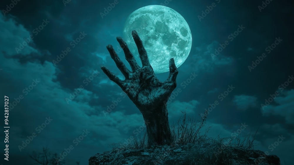 Obraz premium Hand of risen dead from grave in cemetery with full moon,zombie hand rising out from the ground,Halloween grave crosses,zombies at night,creepy hand and old tombstones,halloween concept.