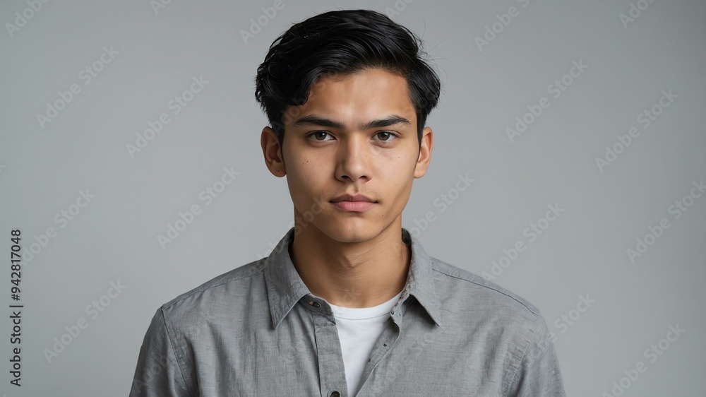 Obraz premium teen stunning black hair finnougric man with generic shirt model portrait standing straight on a white wall for ad concept space for text