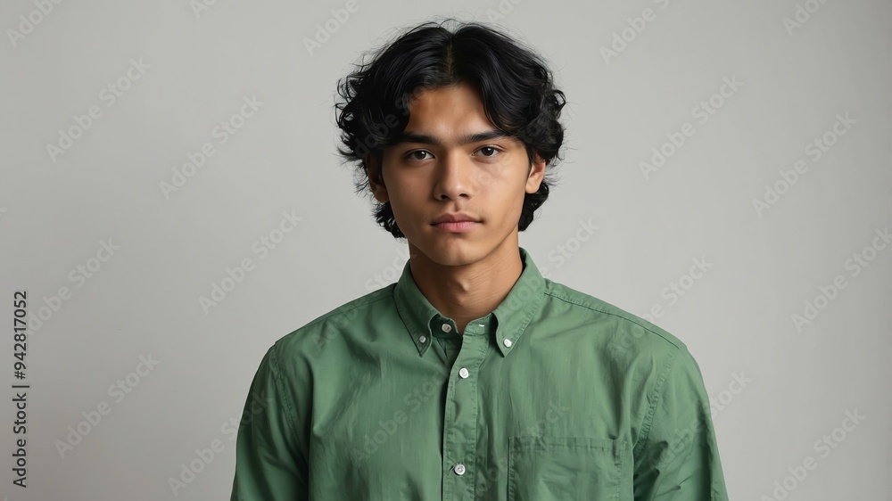 Obraz premium teen stunning black hair finnougric man with generic shirt model portrait standing straight on a white wall for ad concept space for text